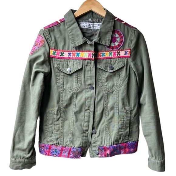 Two Tequila Sisters Custom Made Green Pink Denim Jacket Sz Small - Picture 2 of 13